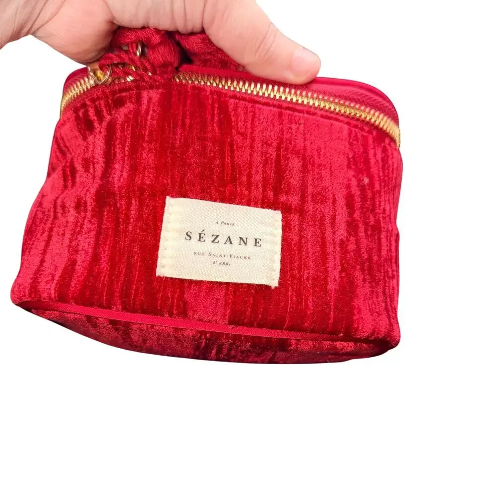Sézane Red Velvet Vanity Case Tassel Zip Cosmetic Makeup Travel Bag
